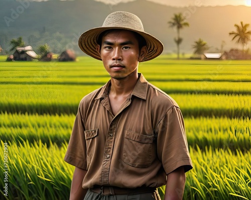 portrait of an Asian farmer in a rice field in the morning