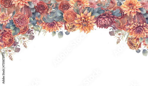 Autumn floral border with dahlia, rose and eucalyptus leaves. Burnt orange flowers, terracotta foliage. Watercolor illustration. Rustic wedding photo