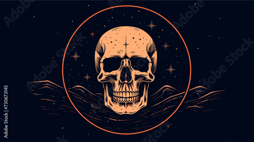 Vector art of a skull embedded in a cosmic backdrop  representing the eternal and cosmic nature of life and death. simple minimalist illustration creative