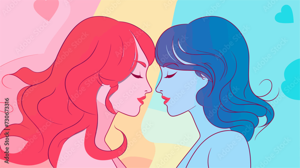 Lesbian-themed vector art with a vibrant touch  incorporating abstract elements  symbols  and a lively color scheme for a visually engaging and inclusive representation. simple minimalist illustration