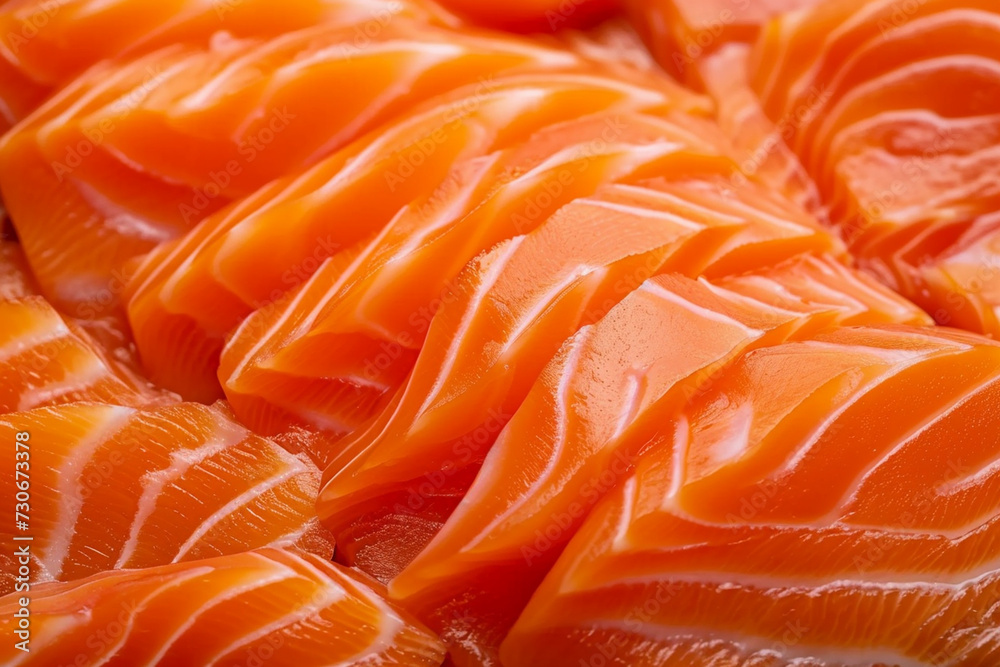 A close up of several slices of salmon sitting on top of each other A close up of several slices of salmon sitting on top of each other