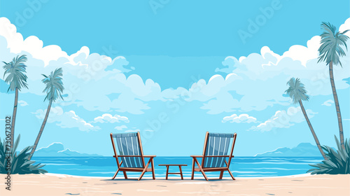Vector depiction of a tropical beach with palm trees  beach chairs  and a clear blue sky  creating a visually inviting and relaxing coastal atmosphere. simple minimalist illustration creative