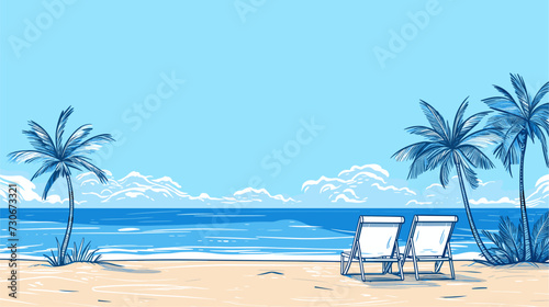 Vector depiction of a tropical beach with palm trees beach chairs and a clear blue sky creating a visually inviting and relaxing coastal atmosphere. simple minimalist illustration creative