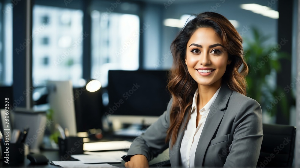 Fototapeta premium Young professional immigrant woman at office desk smiling to camera from Generative AI