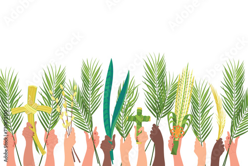 Palm Sunday celebration concept. Customs of different peoples of the world. Hands of people of different nationalities are raised with palm branches, sansevieria and a cross. Vector. Cartoon.