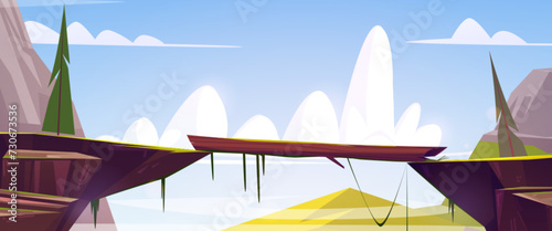 Summer day natural landscape with cliff edges over high dangerous chasm and wooden log used as bridge. Cartoon vector adventure game ui scenery with footbridge road in rock mountains over abyss.