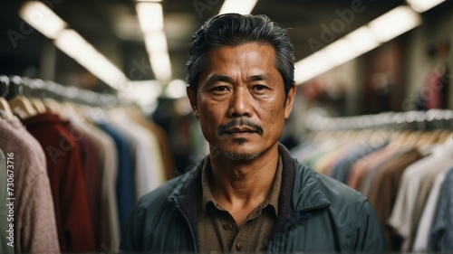 Portrait of a middle aged asian man business owner of a laundry place shop from Generative AI