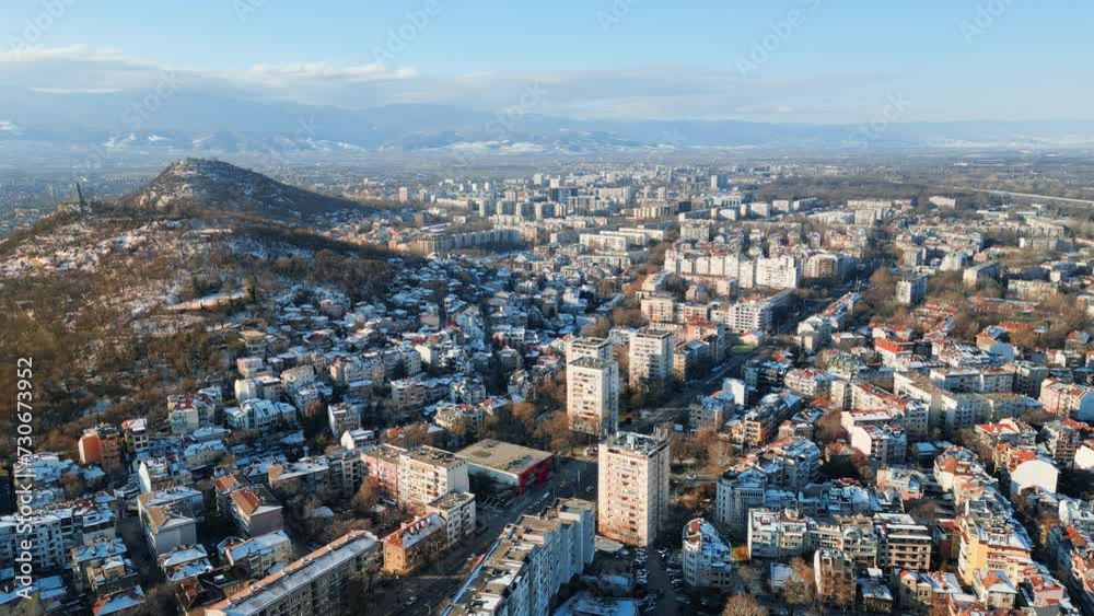 Aerial drone view of Plovdiv city covered in snow. The monument of the Red Army Aerial drone view of Plovdiv city covered in snow. The monument of the Red Army