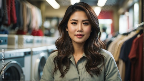 Portrait of a young asian woman business owner of a laundry place shop from Generative AI