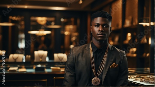 Portrait of a young black african man as sales assistant on a luxury jewelry store shop background from Generative AI