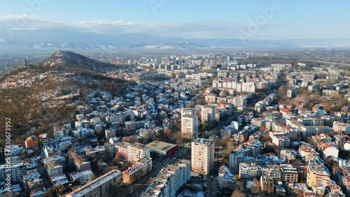Aerial drone view of Plovdiv city covered in snow. The monument of the Red Army 