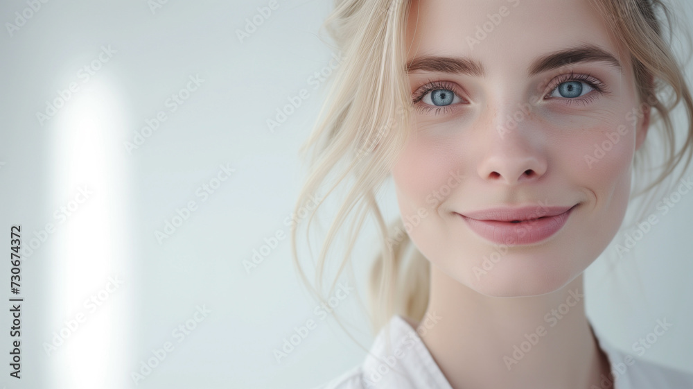 Happy attractive blonde woman in white clothes. Smiling at camera, closeup portrait, panorama with copy space. Face and skin care at home concept Happy attractive blonde woman in white clothes. Smiling at camera, closeup portrait, panorama with copy space. Face and skin care at home concept