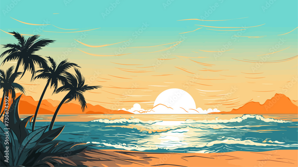 Vector art background capturing the essence of summer  featuring a vibrant beach scene with golden sands  azure waters  and palm trees swaying in the warm breeze. simple minimalist illustration