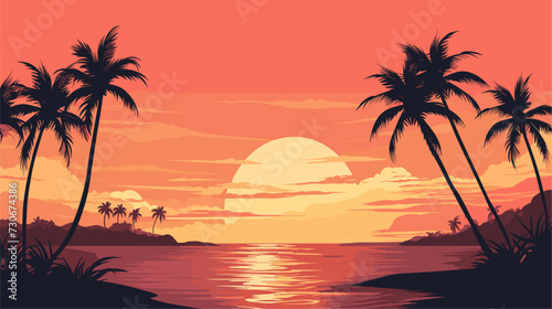 Vector illustration of a summer sunset scene  blending warm hues  silhouettes of palm trees  and a serene beach for a visually captivating and tranquil representation. simple minimalist illustration © J.V.G. Ransika