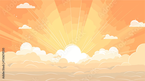 Vector art background capturing the warmth of the sun  featuring a radiant sunburst  soft clouds  and a tranquil sky in warm hues. simple minimalist illustration creative