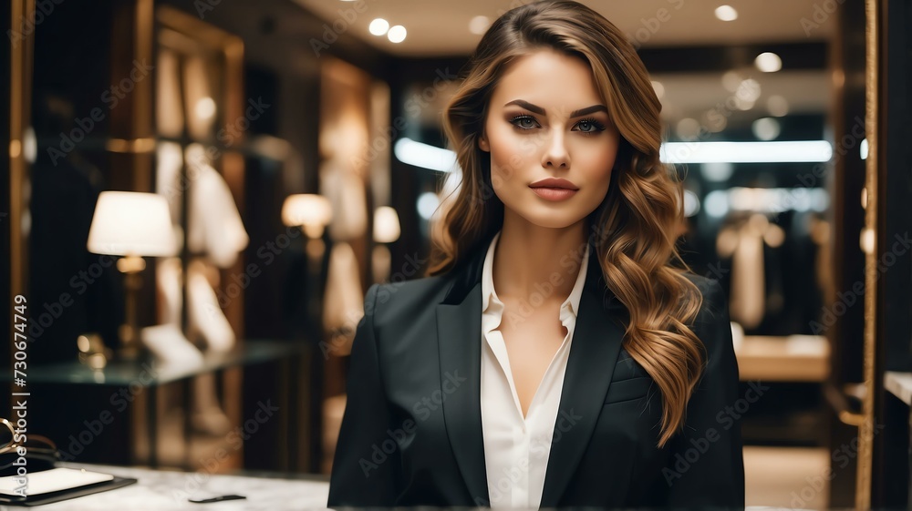 Portrait of a young woman as sales assistant on a luxury jewelry shop background 8 from Generative AI