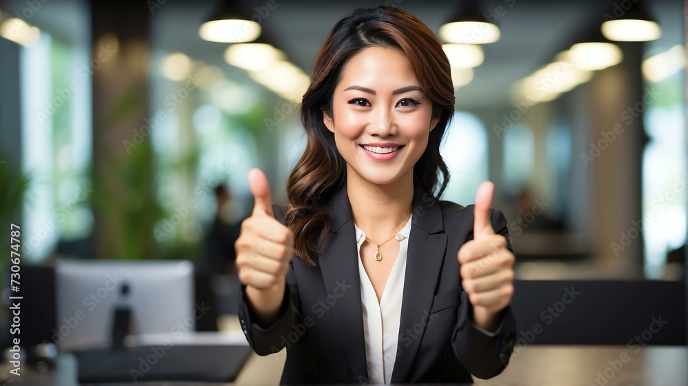 Portrait of an asian executive business manager owner woman smiling on the camera and with thumbs up from Generative AI