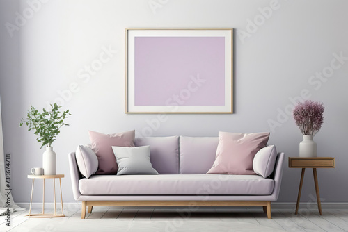 Light-toned Living Room with Scandinavian Sofa, Empty Frames on Wall, and Violet Hues