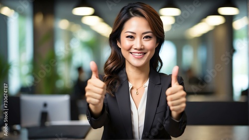 Portrait of an asian executive business manager owner woman smiling on the camera and with thumbs up from Generative AI