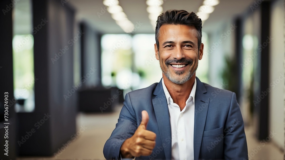Fototapeta premium Portrait of an executive business manager owner man smiling on the camera and with thumbs up from Generative AI