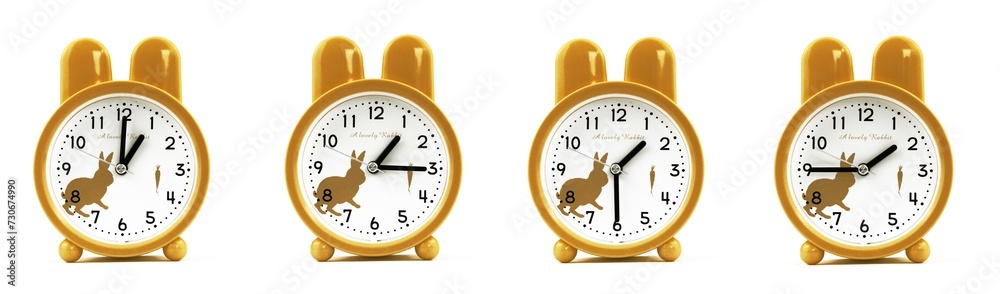 close up of a set of cute brown alarm clocks showing the time; 1, 1.15, 1.30 and 1.45 p.m dan a.m. Isolated on white background
 - obrazy, fototapety, plakaty 