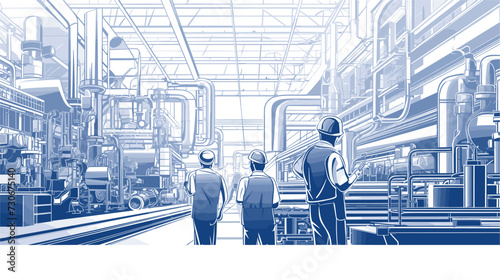 Industrial worker vector scene featuring workers in a factory environment  surrounded by machinery and industrial equipment  highlighting the manufacturing sector. simple minimalist illustration