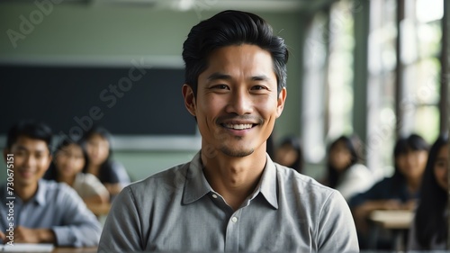 Portrait of smiling confident asian male teacher in class from Generative AI