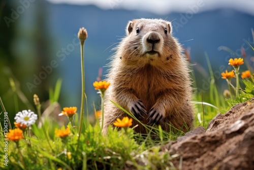 A groundhog stands on its hind legs in a field of colorful flowers.