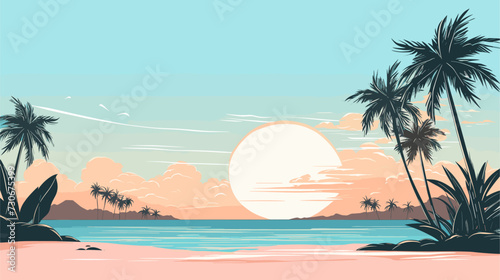 Vector depiction of a tropical sun with palm trees a sandy beach and a clear blue sky creating a visually inviting and warm atmosphere. simple minimalist illustration creative