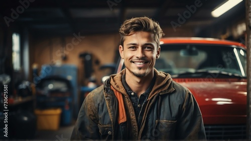 Young caucasian car repair man on the garage warehouse smiling to camera from Generative AI © Arceli