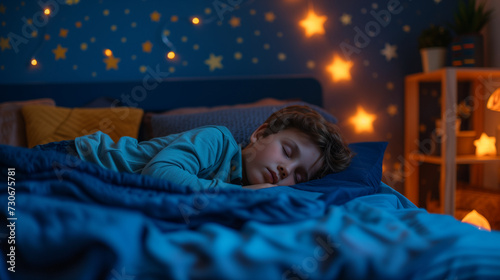 Peaceful Child Sleeping in Starry Night Bedroom with Cozy Blue Blanket