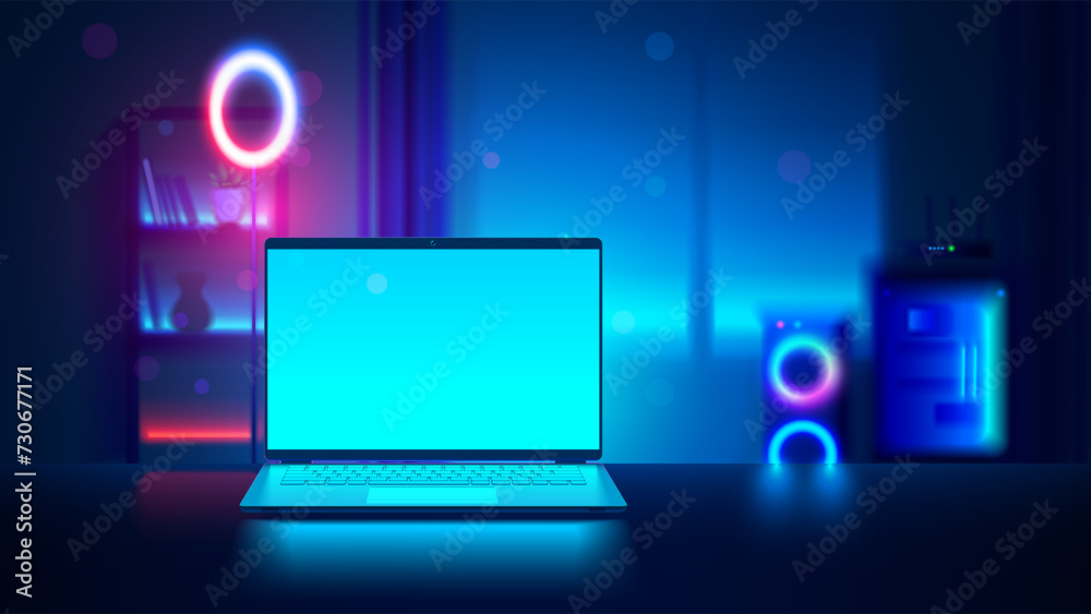 Laptop mockup with blank screen in dark blurred room with neon lights. Vector open laptop front view. Gaming laptop on desk against the background of furniture in room. Realistic vector computer Laptop mockup with blank screen in dark blurred room with neon lights. Vector open laptop front view. Gaming laptop on desk against the background of furniture in room. Realistic vector computer