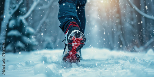 Winter exercise fitness lifestyle athlete walking with running shoes on snow in winter on icy sidewalks. Run outside doing sport in cold any weather healthy lifestyle keep moving concept