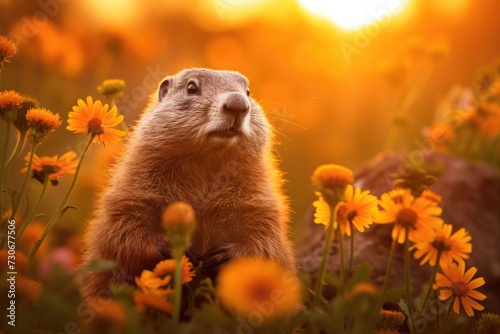 A groundhog standing amidst a vibrant field of yellow flowers on a sunny day.