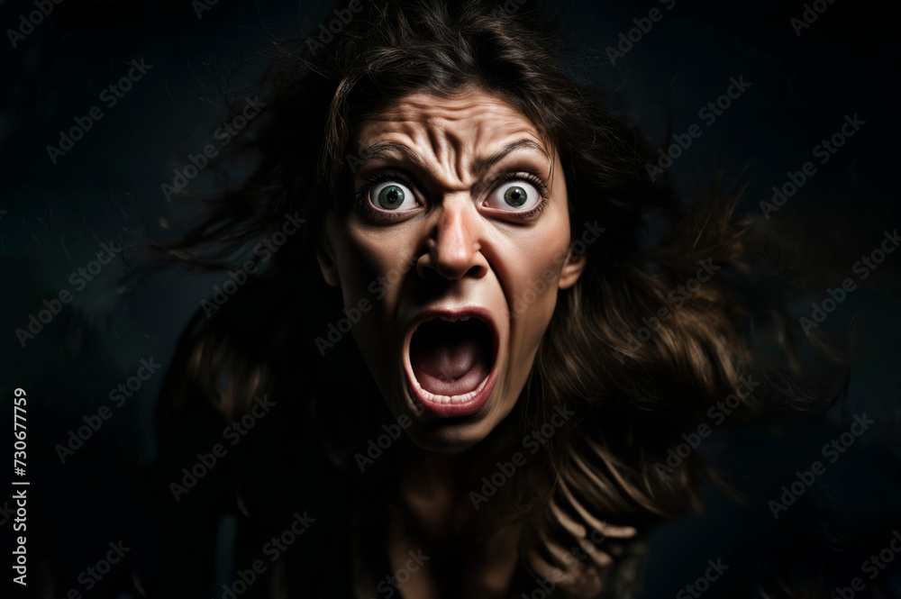 Portrait of a woman screaming in horror with eyes wide open.