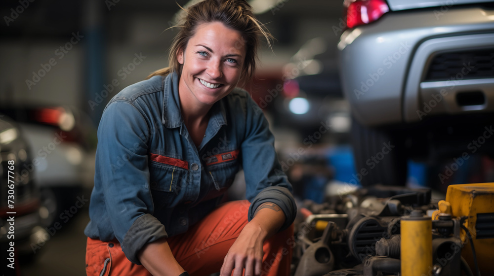Female auto mechanic or foreman is repairing and maintaining automobiles in a auto repair shop