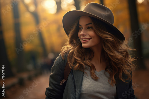 A woman wearing a hat walks confidently through a serene wooded area, surrounded by tall trees and dappled sunlight. © pham