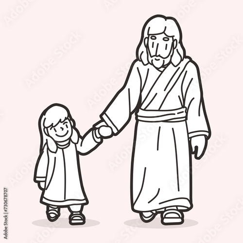 Jesus Walked Holding the Hand of a Little Girl Filled with Warmth  Love and Peace Follow Jesus Cartoon Graphic Vector