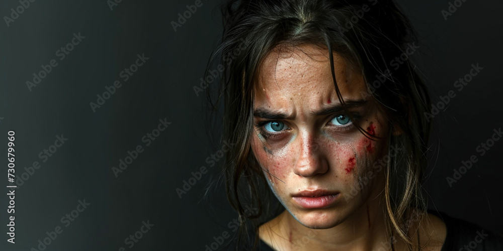 Domestic violence victim, abuse, awareness. Portrait of bruised woman looking at camera. Female with black eye on dark studio background Domestic violence victim, abuse, awareness. Portrait of bruised woman looking at camera. Female with black eye on dark studio background