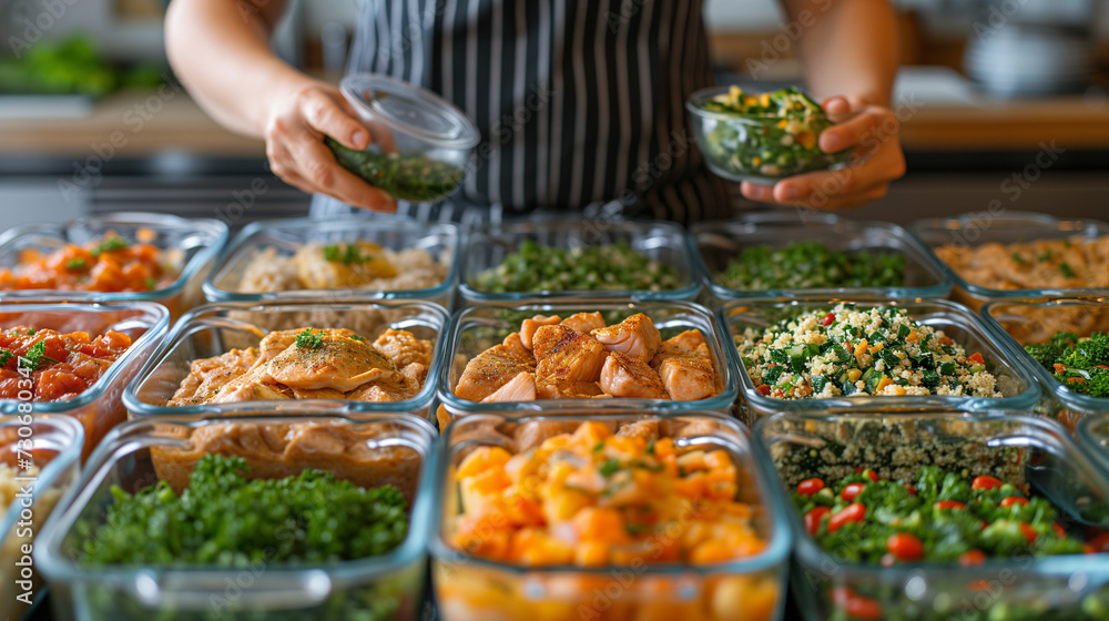 Naklejka premium Meal prep in glass containers. Proteins, greens and more healthy options.