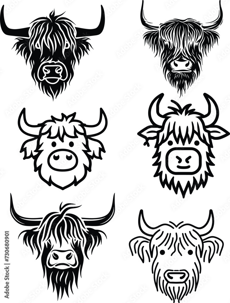 Obraz premium highland cow silhouette set vector illustration 