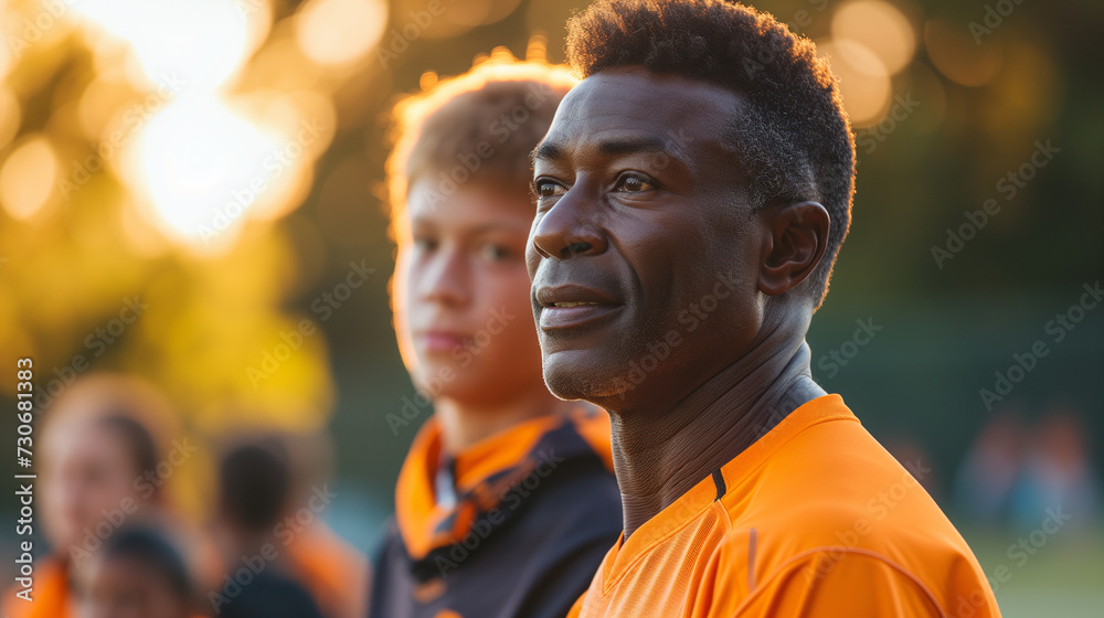 Black sports coach on high school field during a game. Black sports coach on high school field during a game.