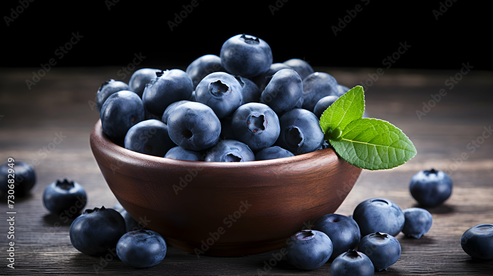 Fresh Blueberries in Wooden Bowl on White Background. Ripe and Juicy.
