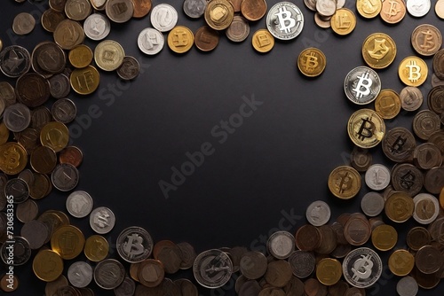 Cryptocurrency, different coins lie on the table, a lot of empty space. Banner. view from above