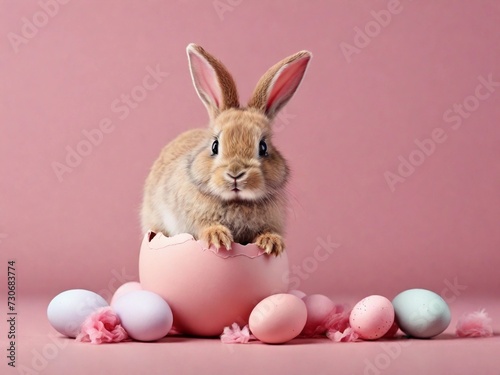 Easter bunny hatched from a pink Easter egg isolated on pastel pink background with copy space, Happy Easter banner with adorable bunny.