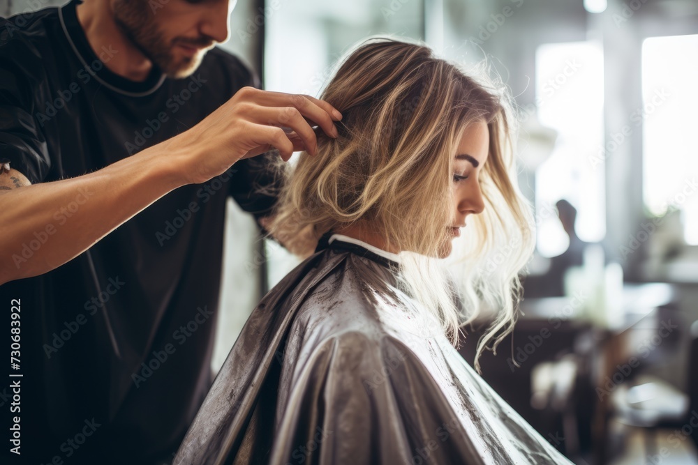 Female hairdresser standing and making hairstyle to cute lovely young woman in beauty salon Female hairdresser standing and making hairstyle to cute lovely young woman in beauty salon