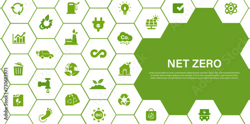 Net zero greenhouse gas emissions target. Climate neutral long term strategy net zero with Green icon on green background.