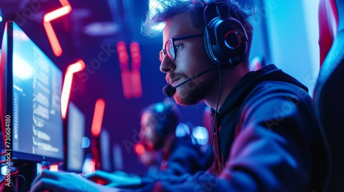 Gamer playing esport tournament competition. Man plays video games online streaming, Futuristic esport championship arena neon light background