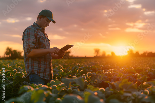 Technician Monitoring Crop Growth with Tablet at Sunset