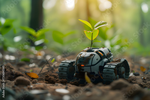 Robot Planting Seedling in Forest Soil
